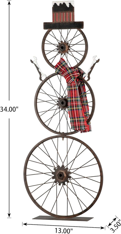 Glitzhome 33.98" H Metal Bike Wheel Snowman with Plaid Scarf Hat Porch Decor Metal Bicycle Garden Yard Decor Christmas Indoor Outdoor Decorations