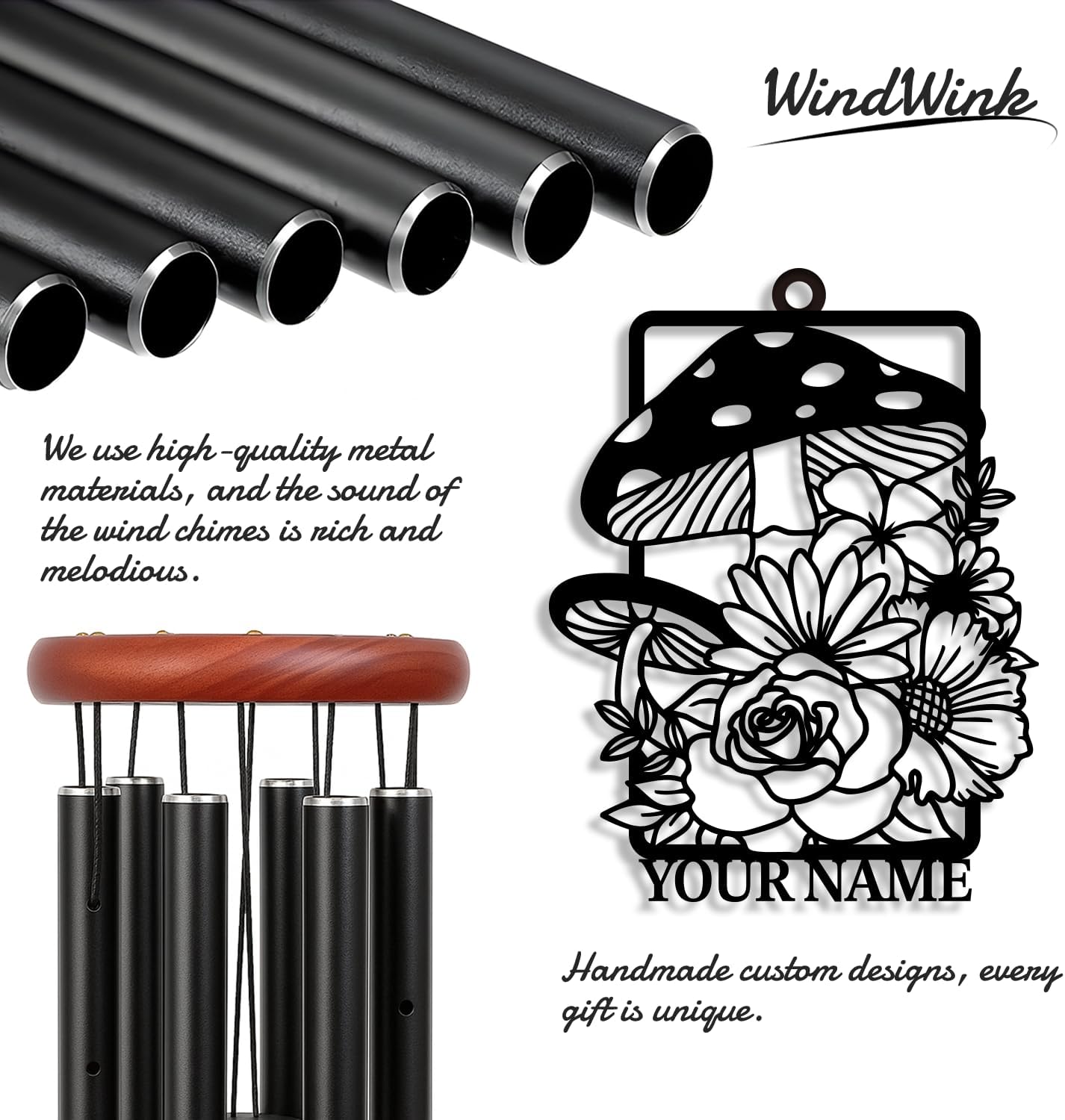 Personalized Customize Name Fantasy Mushroom Wonderland Wind Chime, Metal Iron 37 Inch Outdoor Memorial Gift for Garden Yard Patio Home Decor, Black (Style H)
