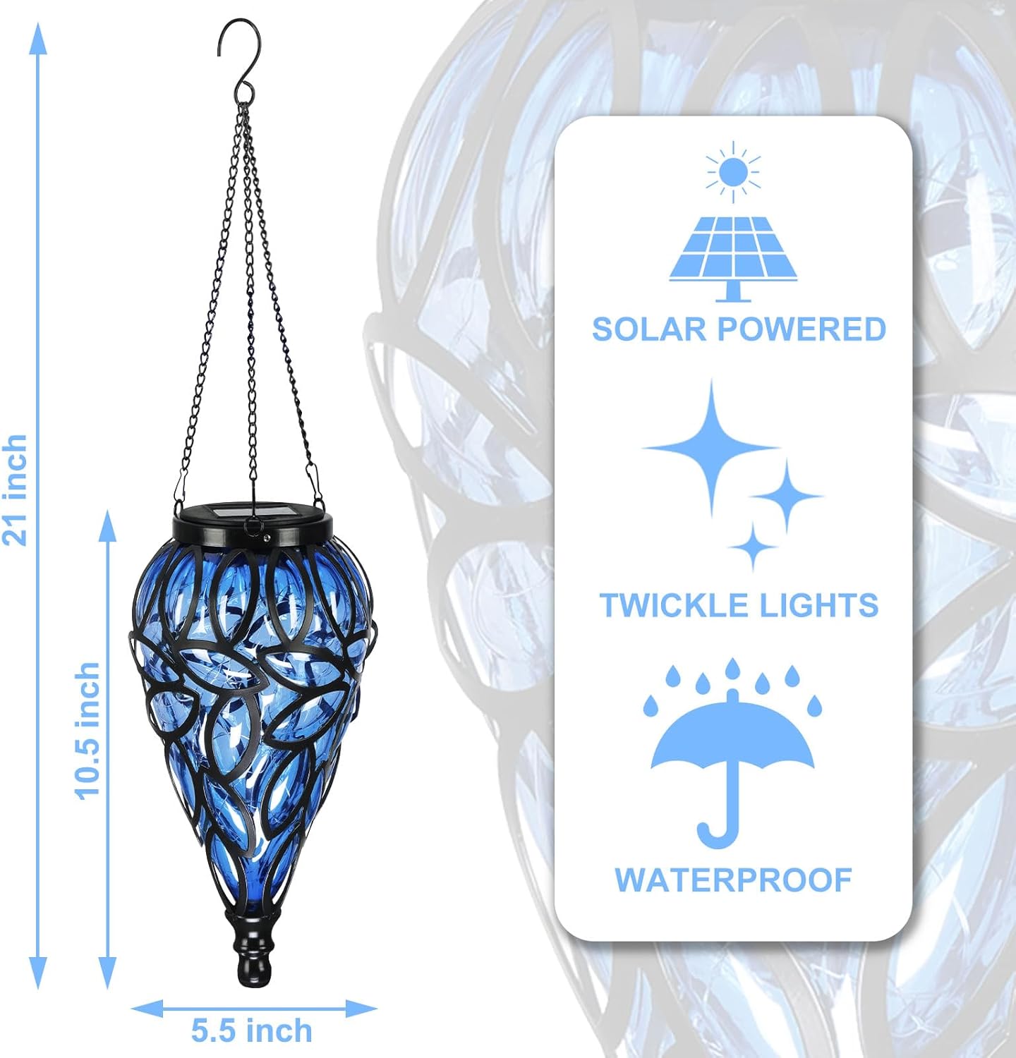 Solar Hanging Lantern Outdoor Lights, Tear-Shaped 15 LEDs Cool White Hanging Lights with S Hooks Decor in Garden, Yard, Pathway, Front Door and Landscape