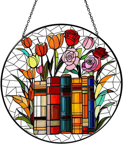 Flower Book Stained Glass Window Hanging Sun Catcher Book Club Lover Gifts for Women Wall Decor Handmade SunCatcher Decoration for Garden Home Bookish Library Decor, 7.87inch