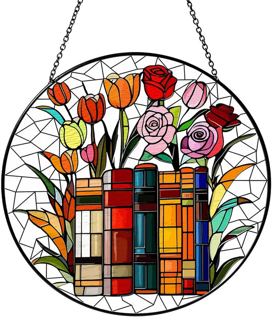 Flower Book Stained Glass Window Hanging Sun Catcher Book Club Lover Gifts for Women Wall Decor