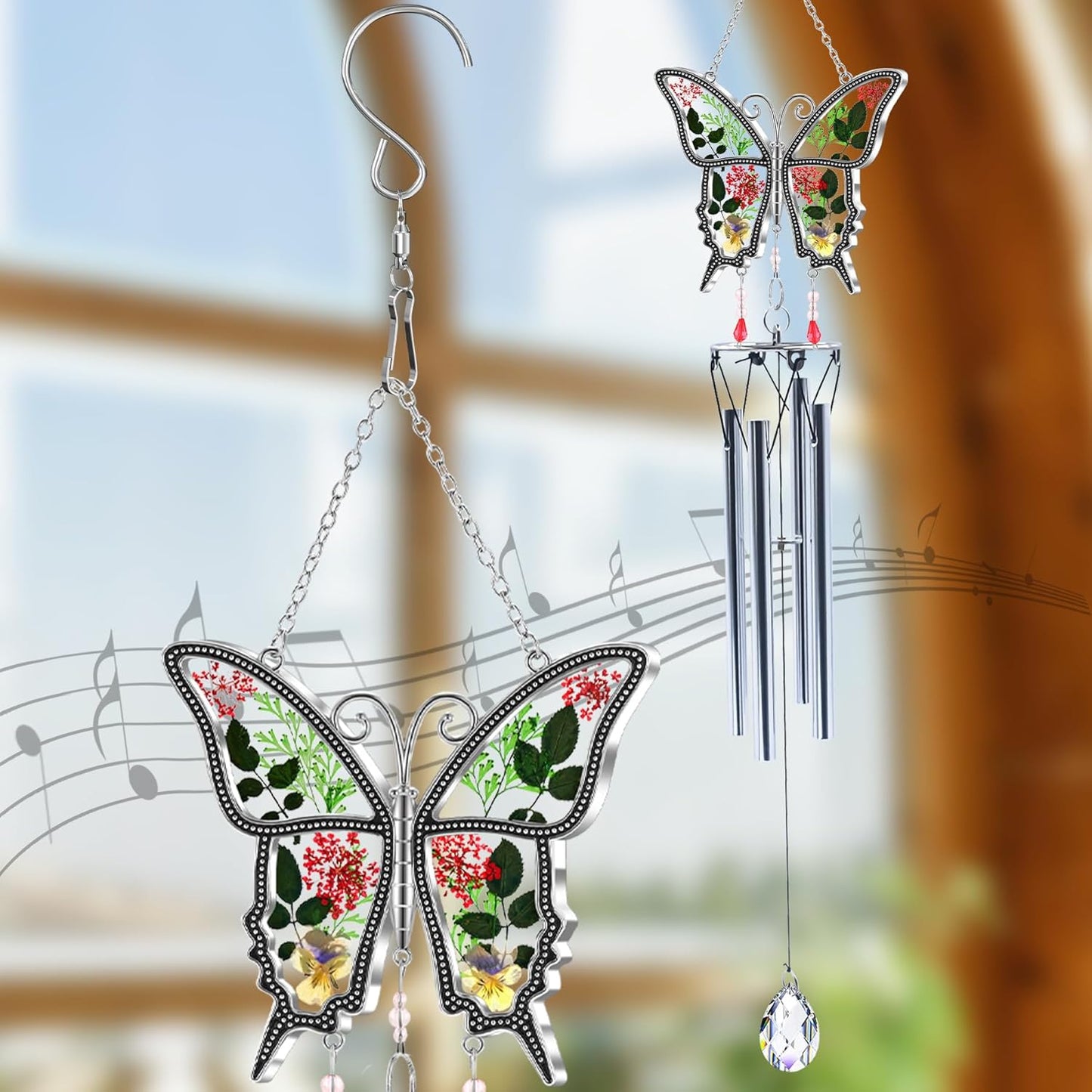 Butterflies Wind Chimes Glass Metal Real Flower and Multicolor 4 Tube Aluminum Windchime with S Hooks,Elegant Chime Outdoor, Garden,Balcony and Home Decoration with Wind Catcher Grandparent Day Gifts