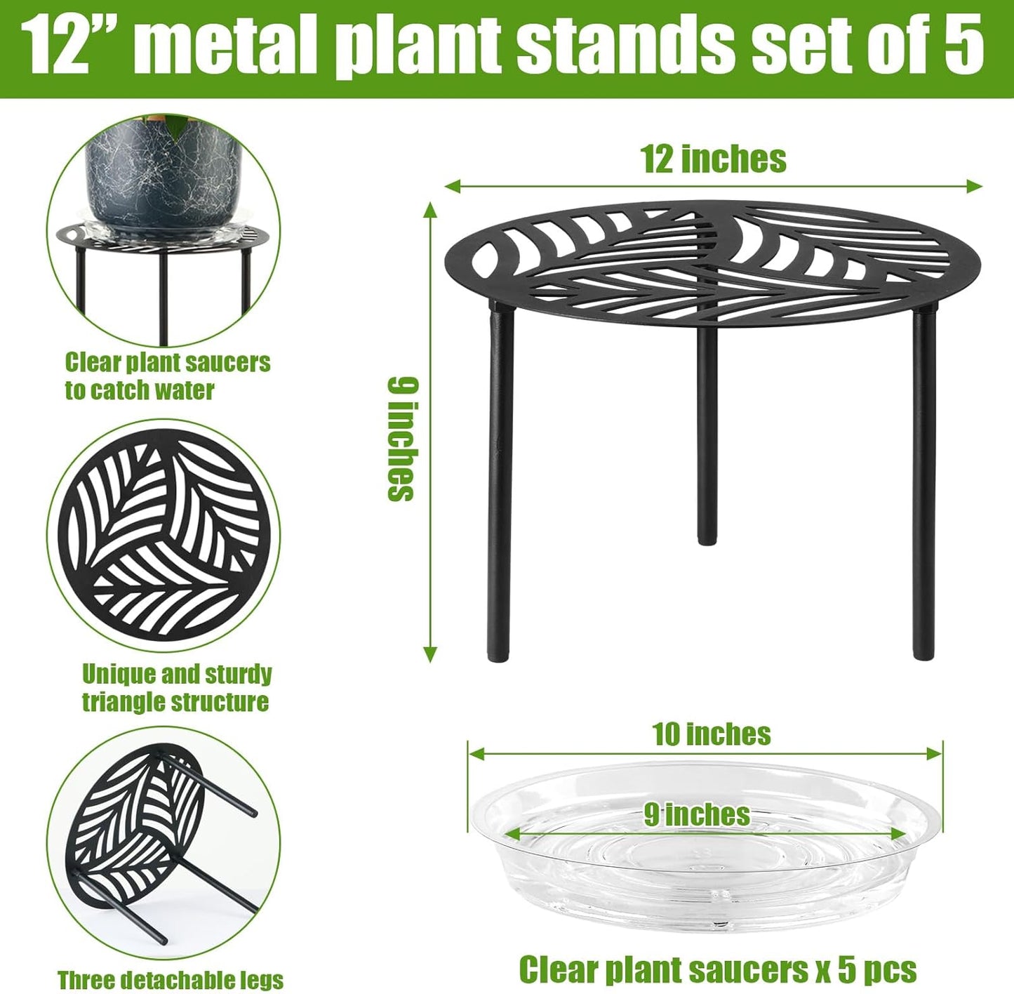 5-Pack 12” Heavy-duty Metal Plant Stands Large Flower Pot Holder for Indoor Outdoor Rust-proof Iron Potted Planter Stand Modern Round Corner Stand Shelf for Living Room Patio Garden Yard, Black