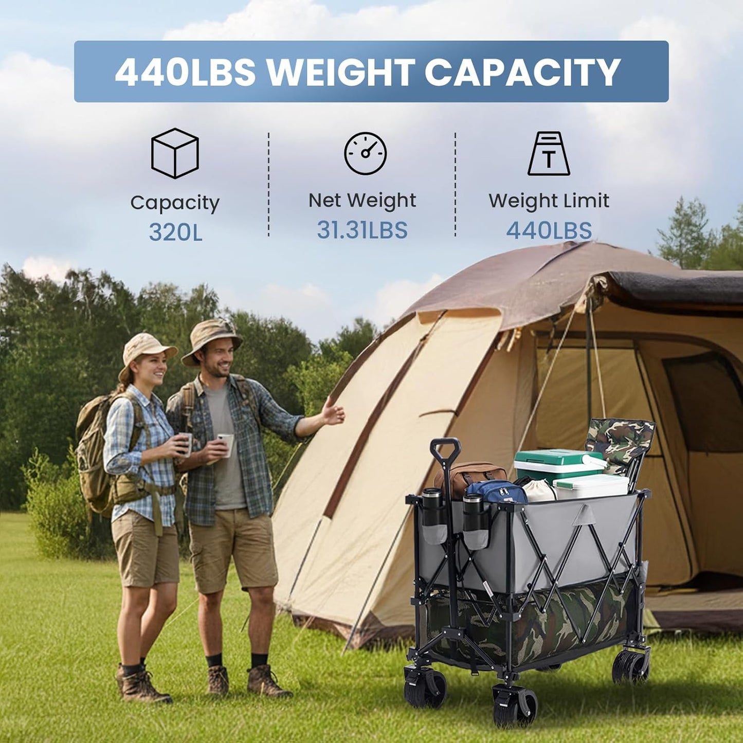 DUMOS Large Capacity Folding Double Decker Wagon with Brakes, 440 lbs Wagons Carts Foldable Wagon Cart with Flexible Handle, All-Terrain Big Wheels for Grocery Sports Garden Camping