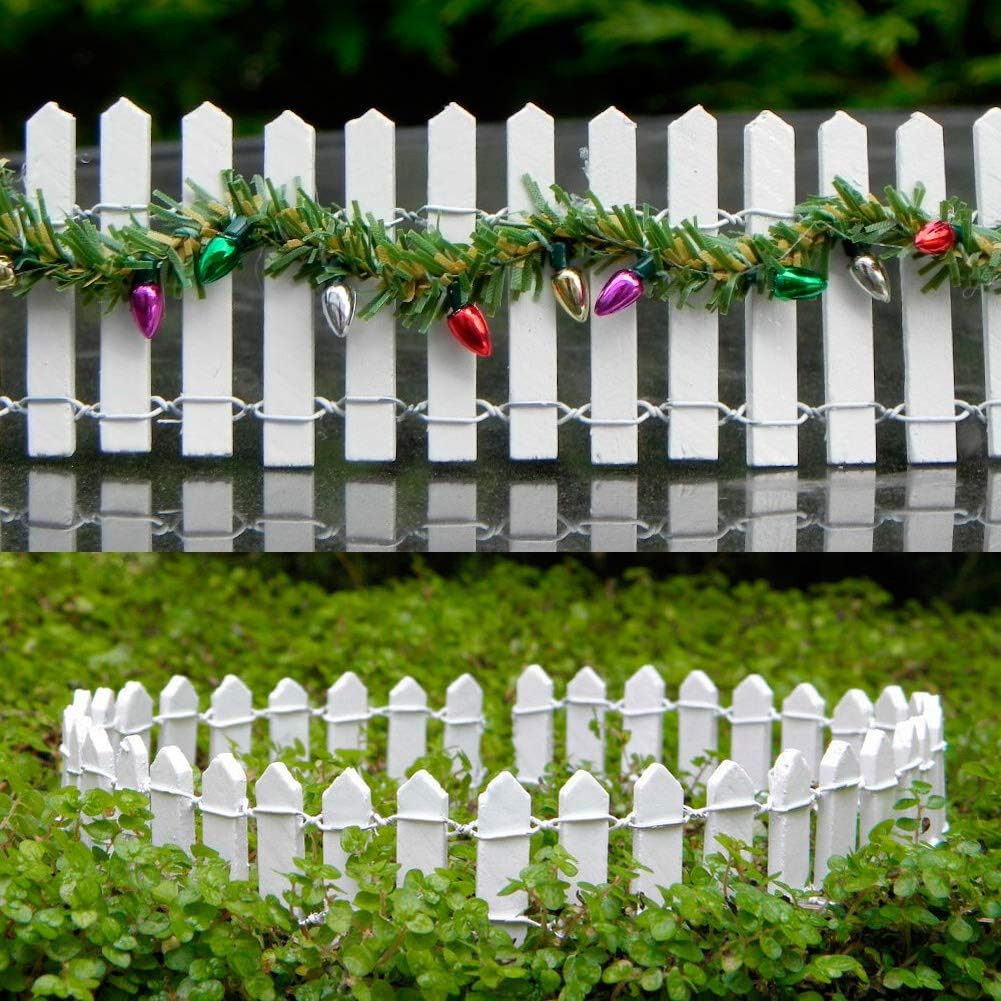 Prsildan Miniature Fairy Garden Fence, 40"(L) x 2"(H) DIY Wood Picket Fence Mini Ornament for Dollhouse (White, 2 Pack)