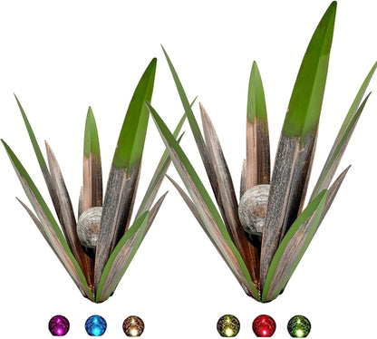 Metal Agave Plant Garden Art, 2 Pack Big Tequila Rustic Sculpture, Rustic Metal Agave Plants Lawn Home Ornaments, for Yard Stakes, Garden Figurines, Outdoor Patio (2 PCS Green with Light)