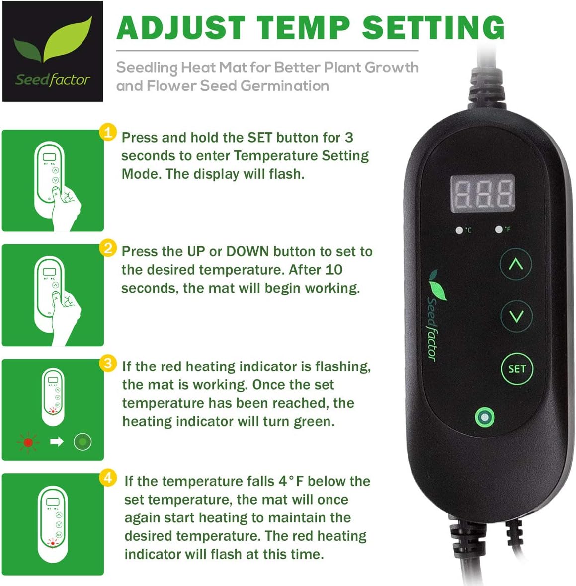 Seedfactor MET Certified Seedling Heat Mat with 50℉~108℉ Digital Thermostat Controller for Seed Germination (10" x 20")