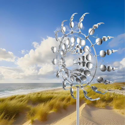 Unique and Magical Metal Windmill, 2Pcs Wind Spinners, 3D Wind Powered Kinetic Sculpture, Stainless Steel Wind Spinners, Wind Mill for Yard and Garden (2PCS-Silver)
