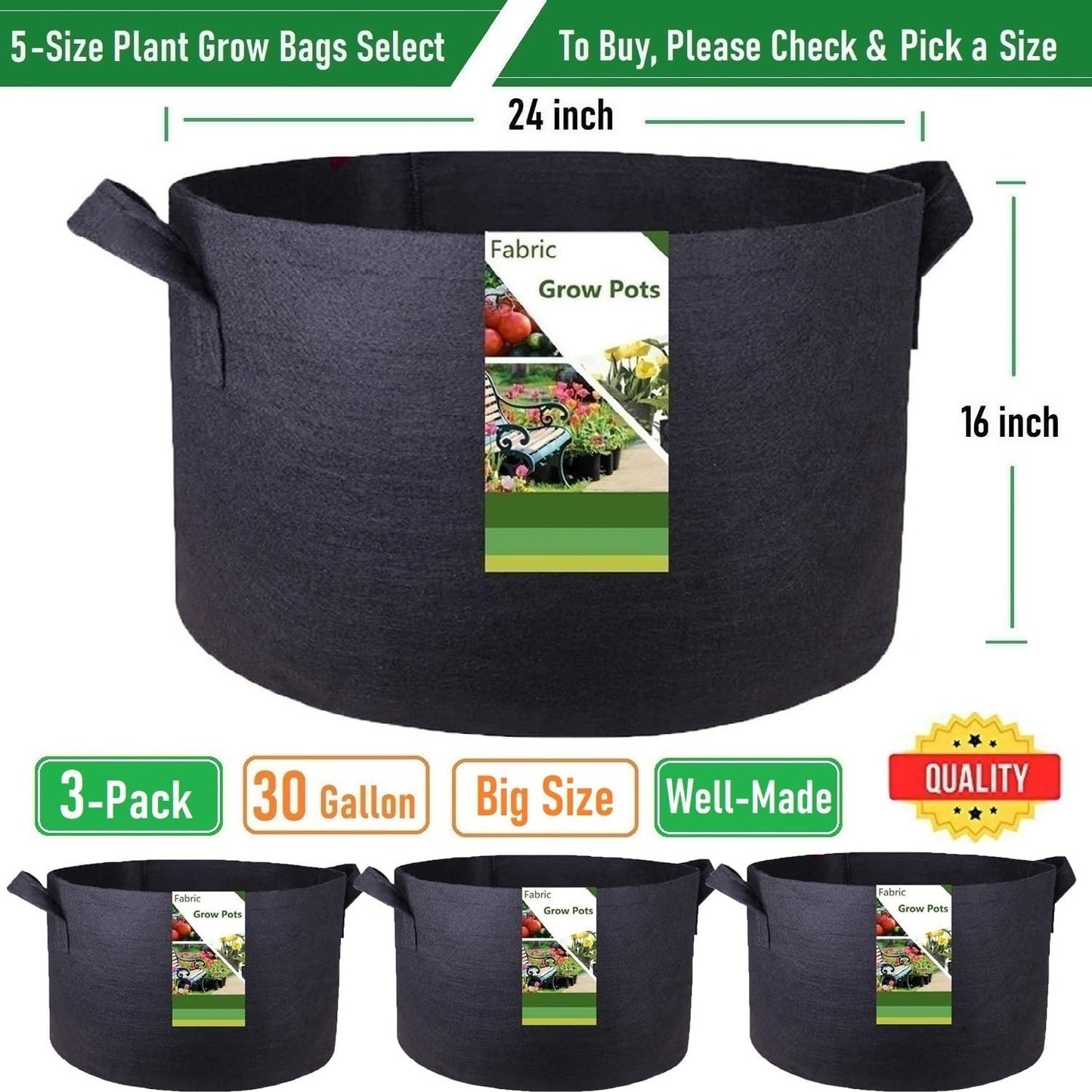 3-Pack 30 Gallon Thickened Plant Grow Bags Large (24x16 in) Heavy Duty Garden Bag Fabric Plant Pots for Tomato,Potato Planter,Flower Pots,Herbs Veggies Planting,Barrel Planter,Yard Waste Bag,Leaf Bags