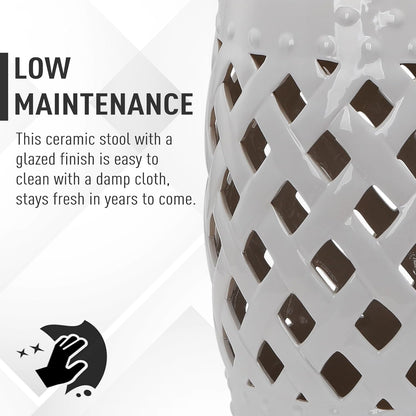 Outsunny 13" x 18" Ceramic Garden Stool with Woven Lattice Design & Glazed Strong Materials Decorative Outdoor Stool, White