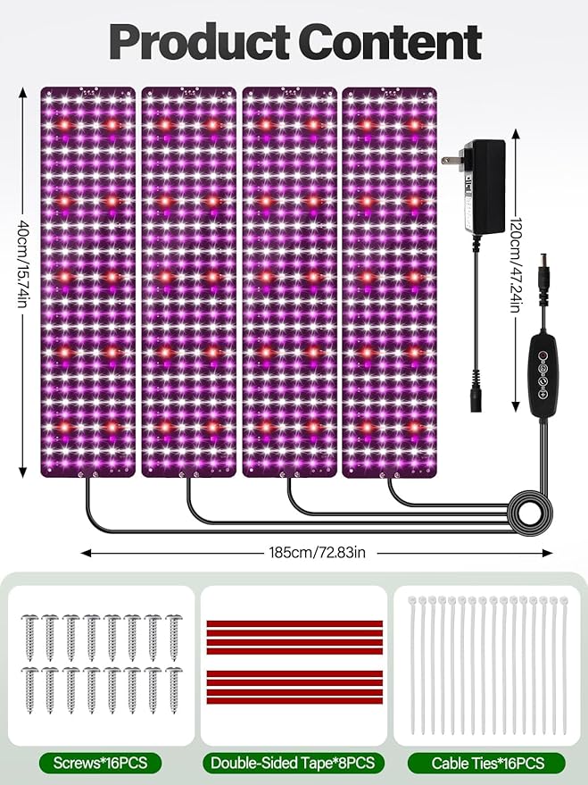 Grow Lights for Indoor Plants Full Spectrum, Kalolary 720 LEDs Grow Lights with 3/6/12H Timer, Thin Panel Growing Lamp with 5 Dimmable Levels, 3 Lighting Modes, for Greenhouse Plant Growth(4 Packs)