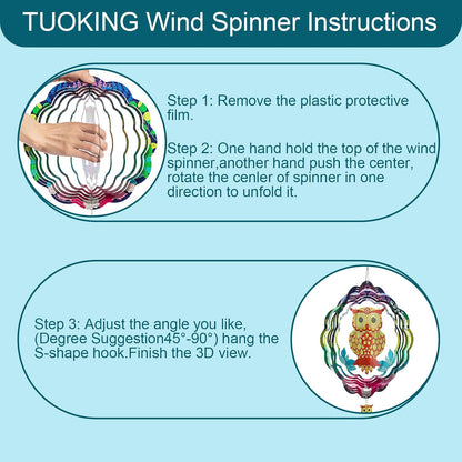 TUOKING Owl Wind Spinners Outdoor Metal 3D Hanging Art Wind Spinner 12 Inch Stainless Steel for Yard and Garden Decoration Worth Gift for Women