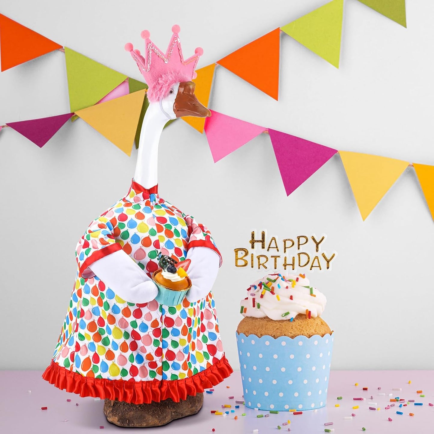 Happy Birthday Goose Outfit Silly Lawn Porch Goose Clothes Shirt for 23'' Cement Duck Decorations(Pink)