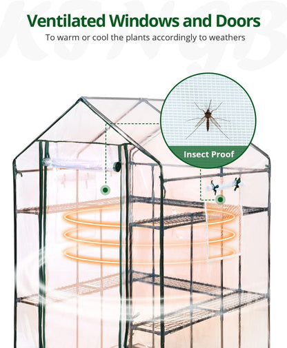 KING BIRD Premium Greenhouse for Outdoors, 56 x 56 x 77 Upgraded PVC Cover & Steel Frame Walk in Hot House, w/ Zippered Screen Windows Mesh Door, 3 Tiers 14 Shelves for Outside Garden, Clear