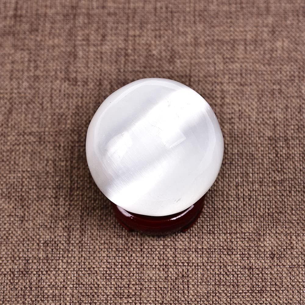 JIC Gem Selenite Crystal Ball with Wooden Stand Healing Crystal Sphere for Meditation, Home Decoration 2-2.3 Inch(50-60mm)