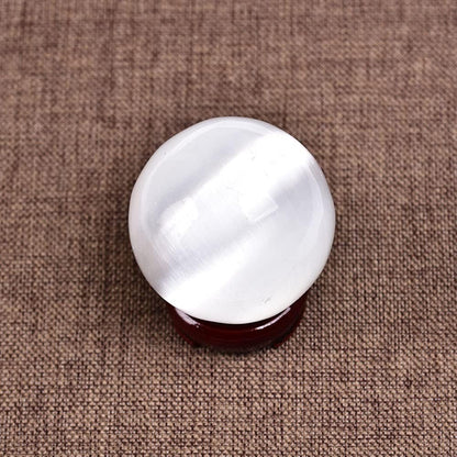 JIC Gem Selenite Crystal Ball with Wooden Stand Healing Crystal Sphere for Meditation, Home Decoration 2-2.3 Inch(50-60mm)