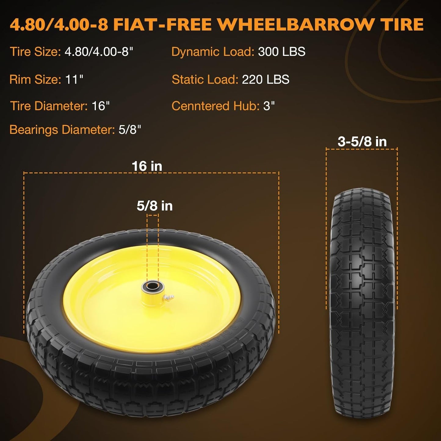 HQPASFY 2 Pack 16" Flat Free Tire 4.80/4.00-8 Wheelbarrow Tire and Wheel, 3" Centered Hub, 5/8" & 3/4" Bearings Replacement for Wheelbarrows, Garden Carts, Dump Carts, Lawn Equipment