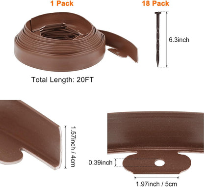Garden Edging - 20 Feet Plastic Landscaping Edging Border with 18 PCS Spikes Apply to Flower Beds/Grass Lawn/Yard (20FT x 1.57IN, Dark Brown)