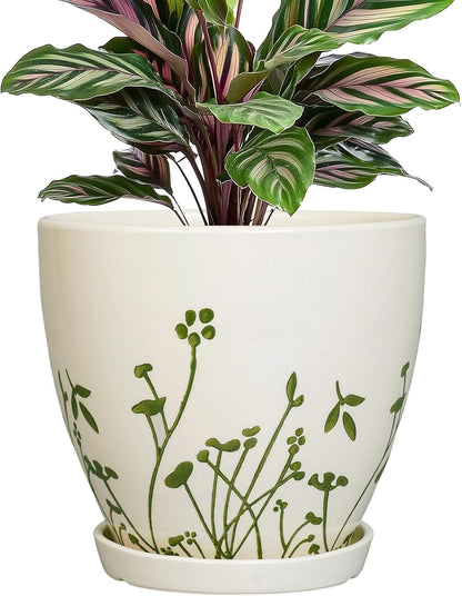 Ceramic Plant Pot 6.8 Inch - Indoor Flower Pot with Drainage Hole and Saucer, Decorative Boho Round Outdoor Indoor Planter, Plant Lover Gifts, Office Home Garden House Decor, White