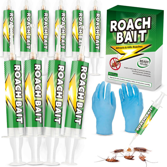 Roach Gel Bait 10 Pack - Fast-Acting Indoor Cockroach Infestation Killer Gel for Indoor Pest Control, Targets German American Oriental Roaches, Includes Gloves and Applicator