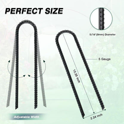 12 Inch Rebar Stakes Heavy Duty, 10 Pack Garden Stake U-Hook, Electrostatic Rust Proof Metal Stakes for Tent, Landscape,Outdoor Decorations, Fabric Ground Cover, Tube Fixing (Black, U-12in-10pc)