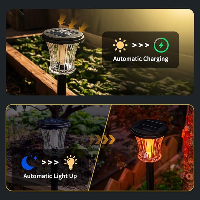 Glass Solar Torch Lights Outdoor Waterproof, Flickering Flame Tiki Torches with Modular Design, Auto On/Off LED Solar Lights for Garden Patio Yard Lawn Pathway Walkway Decorations (3 Pack)