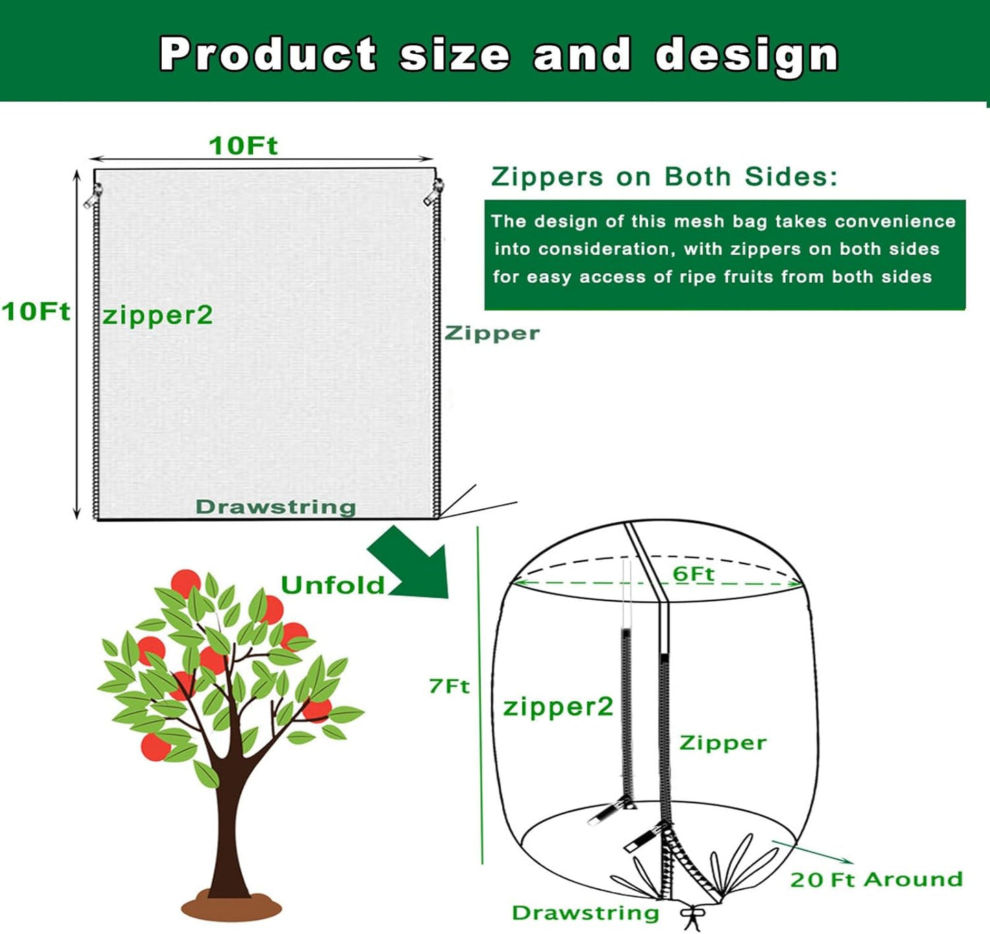 10x10Ft Large Tree Netting for Fruit Trees Keep Birds Squirrels Cicadas and Small Fly Out,Ideal Covers for Cherry Fig Blueberry Bushes Guava Peach Apple Trees(Zippers on Both Sides)