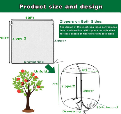 10x10Ft Large Tree Netting for Fruit Trees Keep Birds Squirrels Cicadas and Small Fly Out,Ideal Covers for Cherry Fig Blueberry Bushes Guava Peach Apple Trees(Zippers on Both Sides)