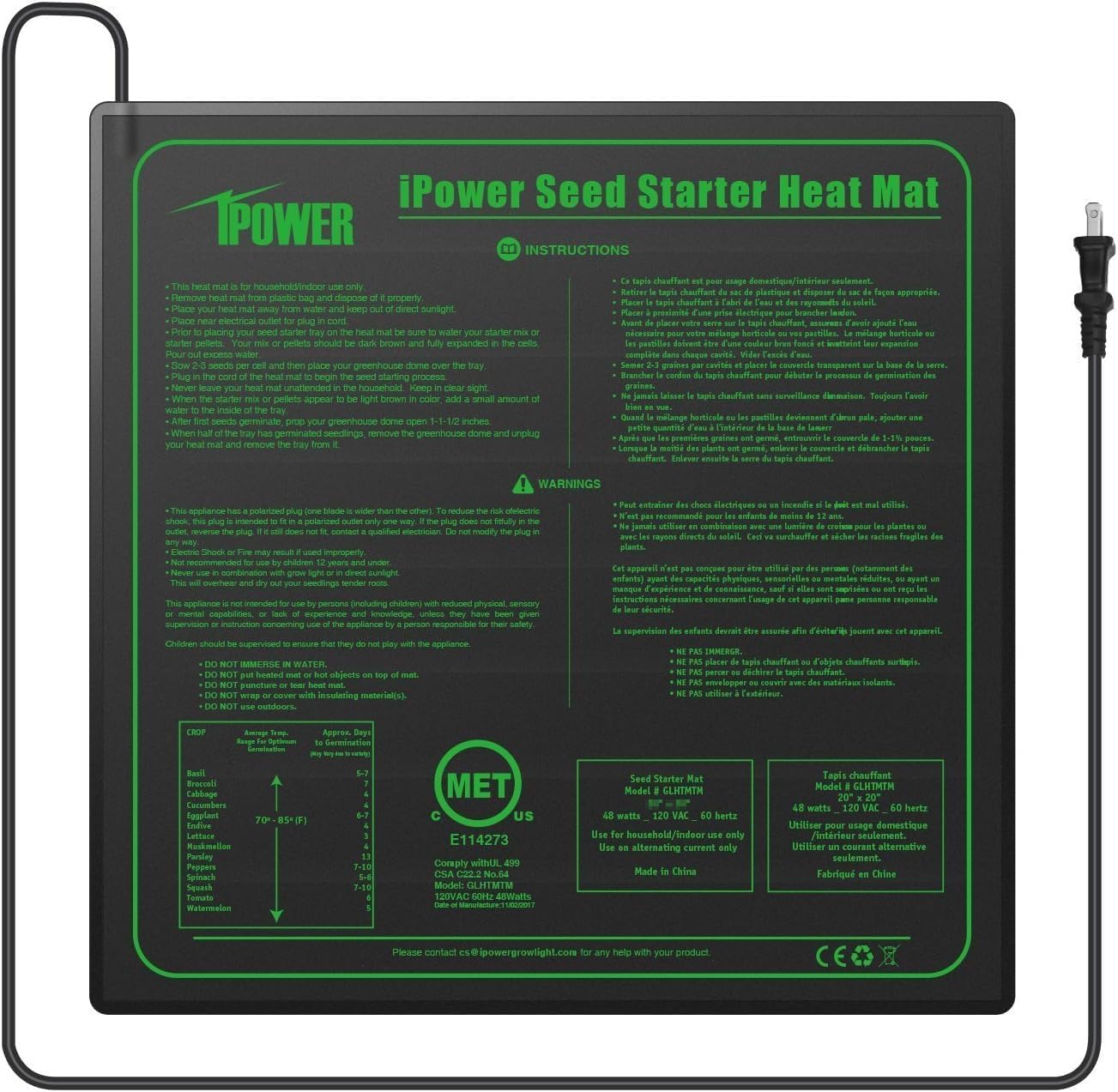 iPower 20" x 20" Waterproof Durable Seedling Heat Mat Warm Hydroponic Plant for Indoor Gardening Germination Starting