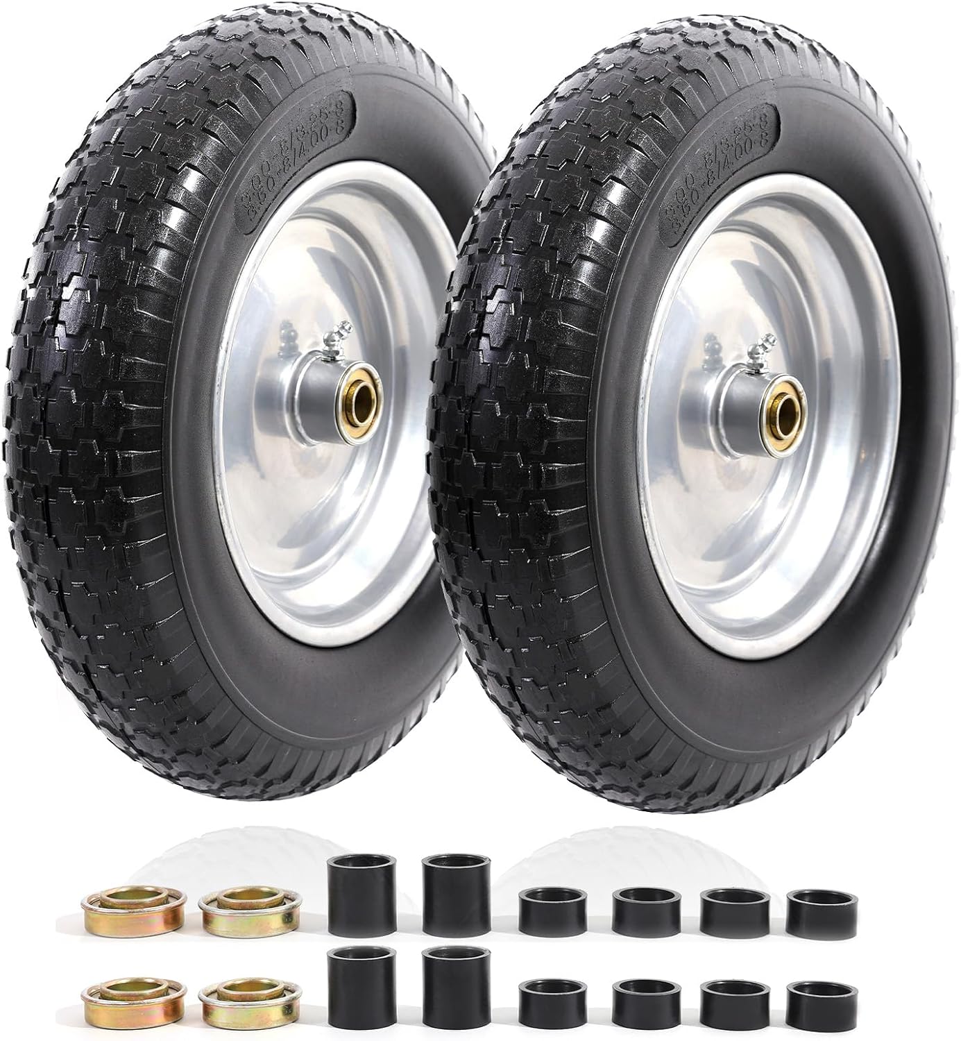 MZREXN 14.5" Wheelbarrow Tire Flat-Free 3.00/3.25/3.50/4.00-8" Solid Tire and Wheel with 3"-7" Centered Hub, 3/4" & 5/8" Bearings Replacement for Hand Truck/Dolly/Utility Cart/Garden Cart 2PCS Silver