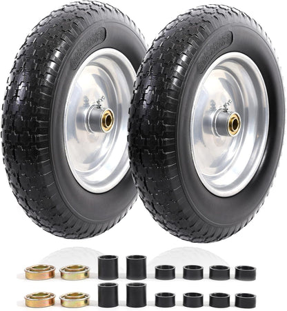 MZREXN 14.5" Wheelbarrow Tire Flat-Free 3.00/3.25/3.50/4.00-8" Solid Tire and Wheel with 3"-7" Centered Hub, 3/4" & 5/8" Bearings Replacement for Hand Truck/Dolly/Utility Cart/Garden Cart 2PCS Silver