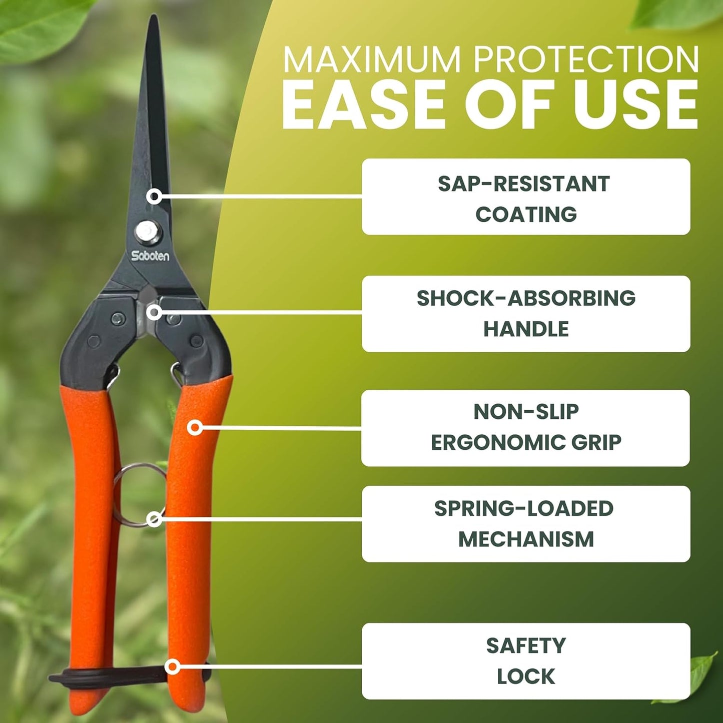 Saboten 7.9" Professional Japanese Harvesting Shears – Straight Blade, Stainless Steel with Fluorine Coating, Spring-Loaded, Ergonomic Grip – forest Originals, Made in Japan