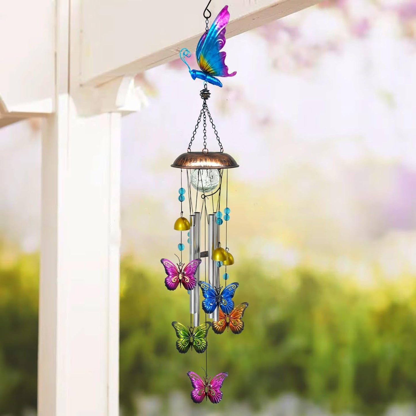 Solar Wind Chimes for Outside, 33.5 Inch Butterfly Wind Chimes Outdoors with Crackled Glass Ball Decorative Hanging in Garden, Yard, Patio