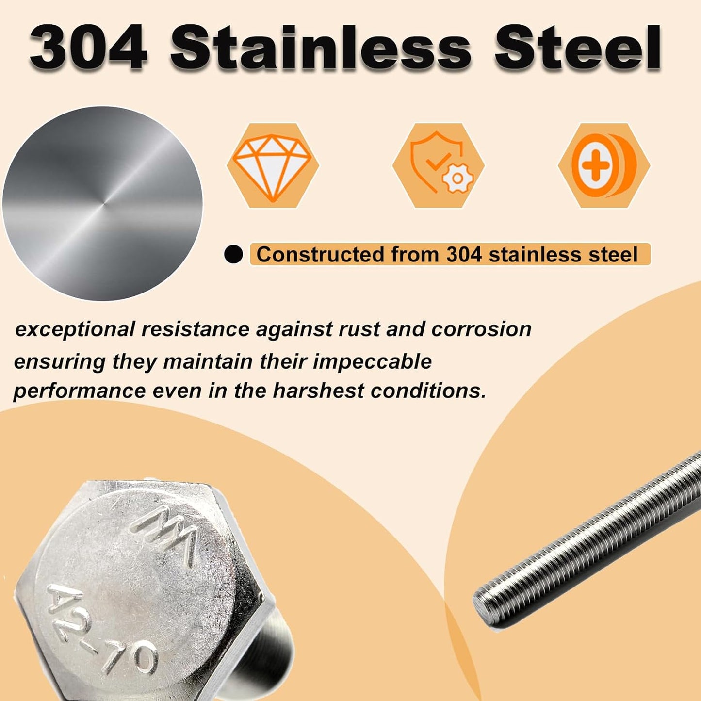 M10 Hex Bolts and Nuts Set, M10x60mm Fully Thread Bolt, M10-1.25mm Hexagon Nut with Flat Washers, Spring Washers 304 Stainless Steel Fastener Set for Caster Wheels Assembly 4 Sets