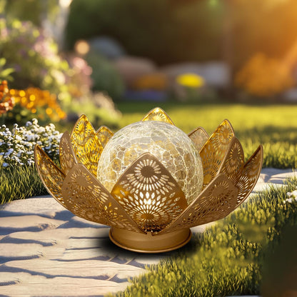 Solar Lights Outdoor Waterproof Lotus Flower Metal Yard Art Decoration Crackle Globe Glass Solar Lamp Garden Decor for Outside, Flowerbed Lawn Patio Porch Pathway Pond Decorations
