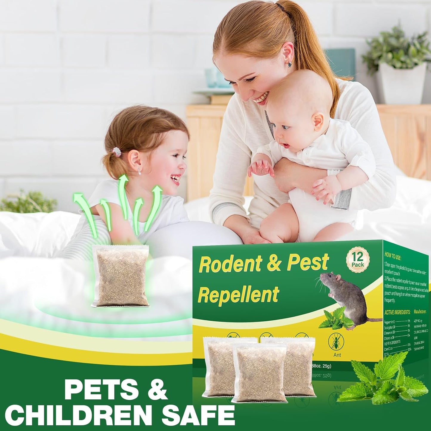 Rodent Repellent, 12 Pack Natural Mouse Repellent Pouches - Peppermint Oil to Repel Rodents Rats Squirrel, Outdoor Indoor Mice Repellent for House Garage Basement RV Car