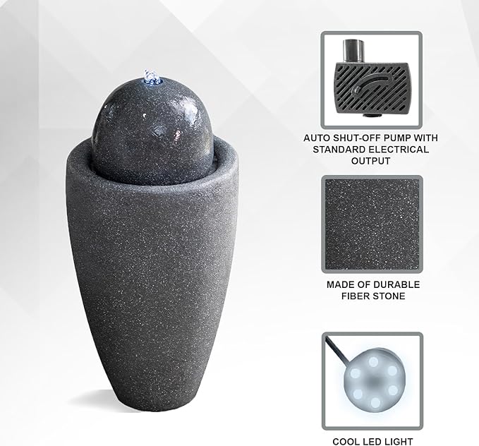 XBrand 25.98" H Round Stone Indoor/Outdoor Modern Stone Textured Sphere Water Fountain w/LED Lights, Ball Fountain Decor, Gray
