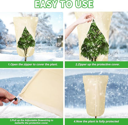 2 Pack 43"x32" Winter Plant Covers Freeze Protection Frost Cloth Blankets, 3 oz/yd² Tree Cover with Zipper Drawstring, Frost Protection Jacket for Outdoor Plant Cold Weather Protector Beige