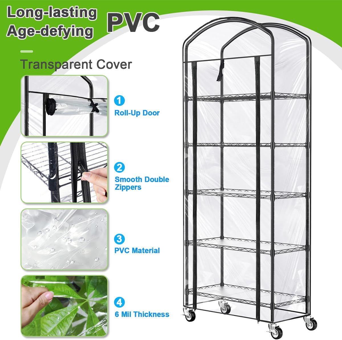 Abimars 5-Tier Greenhouse with Caster Wheel, Each Shelf Height Adjustable Metal Plant Shelf with PVC Cover for Seed Starting Trays, Seedling Pots, Plant Pots, 13x29x73inch