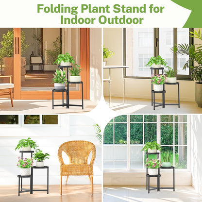 iDavosic.ly 3 Tier Folding Plant Stand Indoor Outdoor with Plastic Tray, Tiered Corner Flower Holder Shelf, Metal Orchid Display Rack for Patio Porch Living Room Garden Balcony, Modern Black