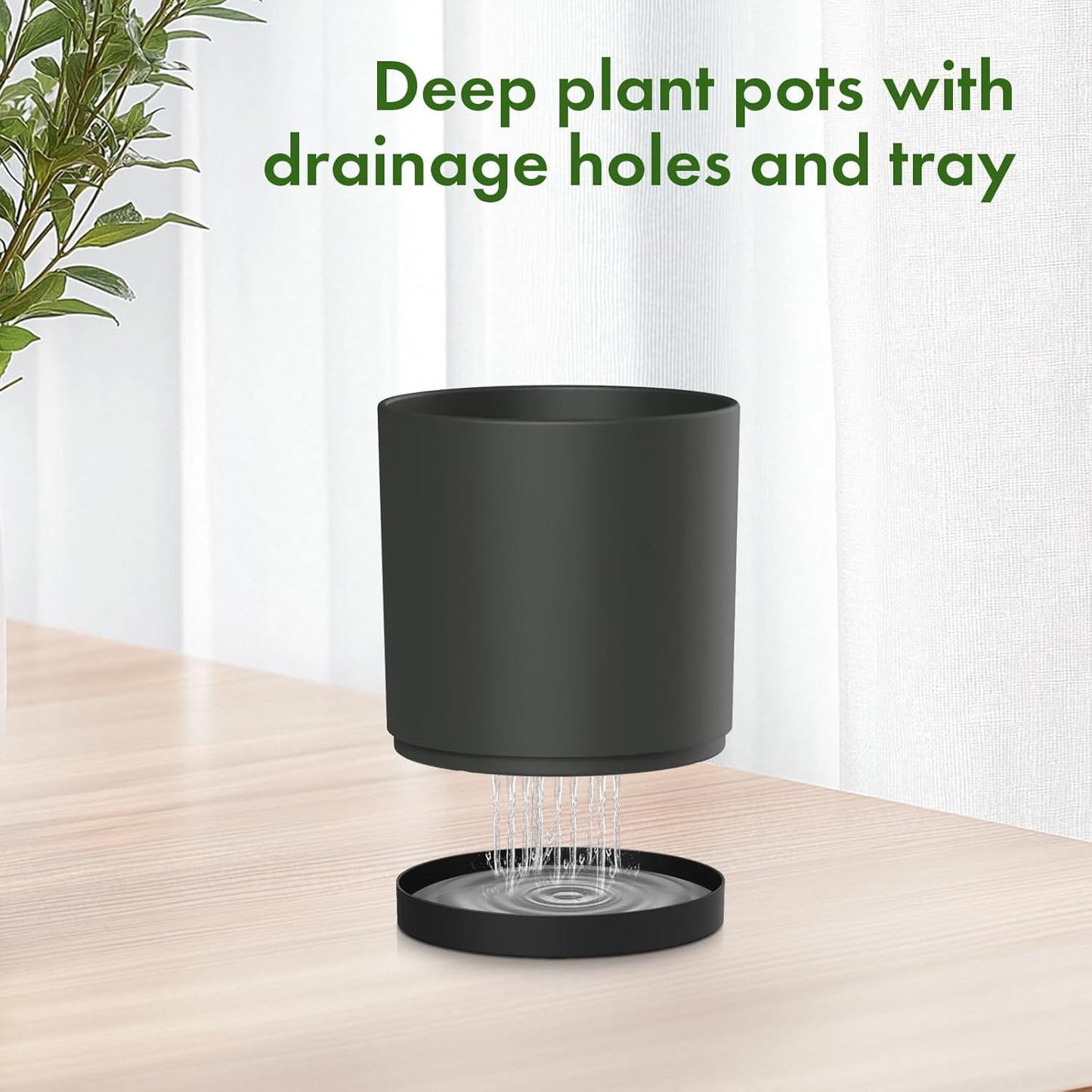 10/8/6 inch Large Deep Plant Pots for Outdoor Indoor Plants, 3 Pack Tall Cylinder Flower Pots with Drainage Holes and Saucers, Big Plastic Planter Pots for Garden House Porch, Black