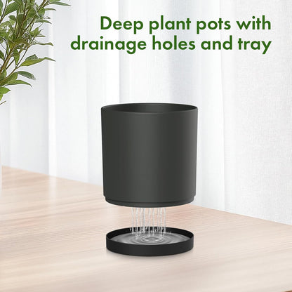 10/8/6 inch Large Deep Plant Pots for Outdoor Indoor Plants, 3 Pack Tall Cylinder Flower Pots with Drainage Holes and Saucers, Big Plastic Planter Pots for Garden House Porch, Black