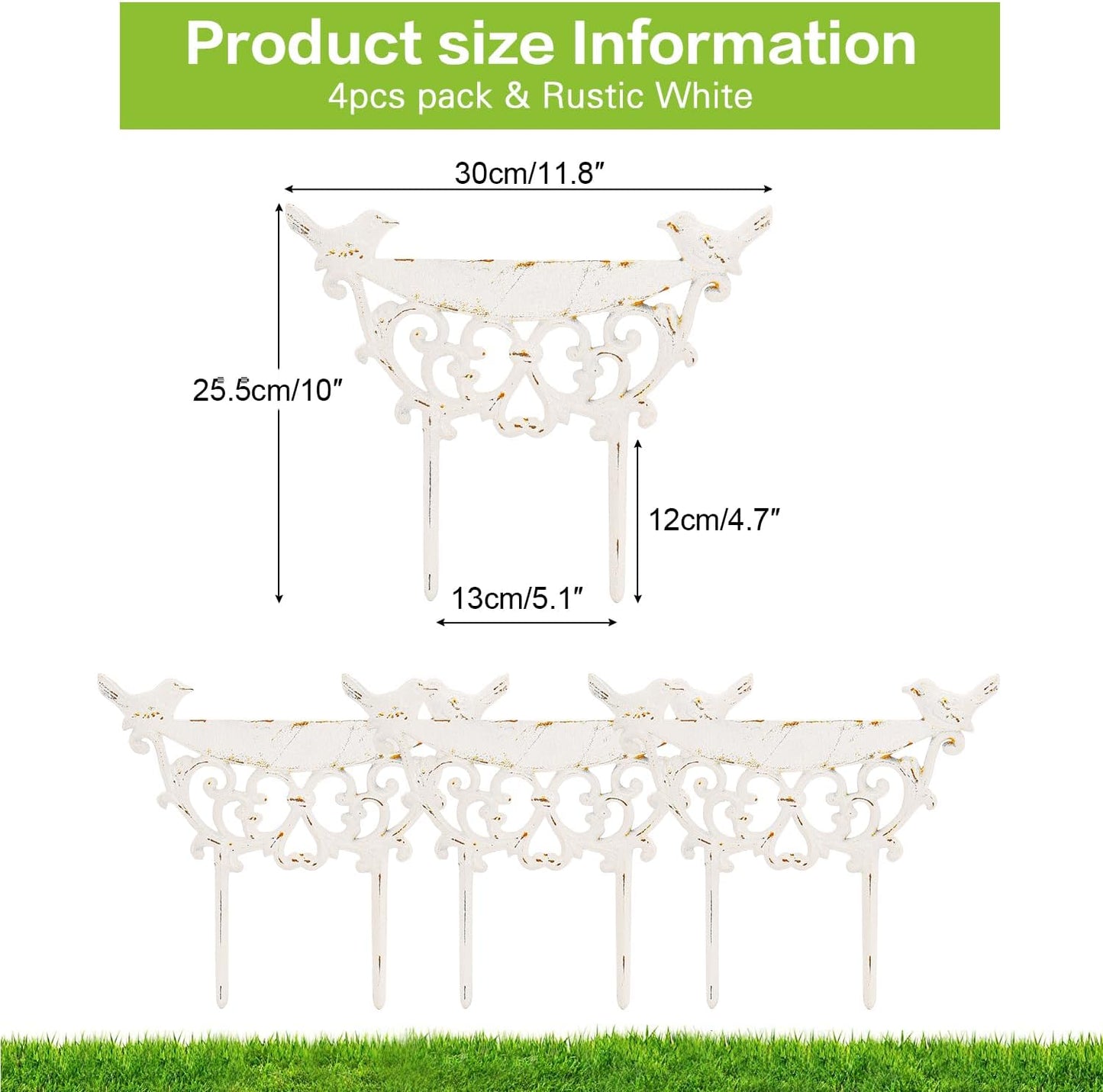 Sungmor Decorative Cast Iron Garden Edging Border, 4 Pack White Landscape Edging Low Picket Fence, 9.9inch Tall Outdoor Flower Bed Lawn Fence Panels, Vintage Metal Yard Decor Stakes