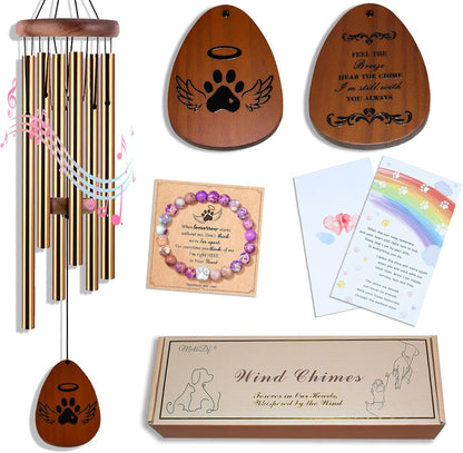 Pet Memorial Wind Chime Gift Set with Bracelet, Wooden Ornament and Sympathy Card, Black&Golden (Golden)