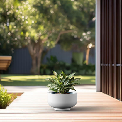 Kante 13.8 Inch Dia Concrete Bowl Planter, Large Tapered Bottom Plant Pot with Drainage, Smooth White Finish with Aqua Blue Interior, Ideal for Porch, Home, Garden, Patio