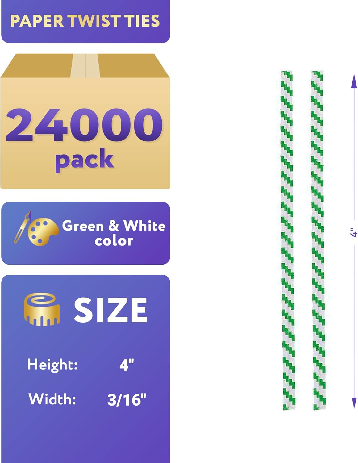 APQ Green and White Metallic Twist Ties for Bags, 4 inches. 24000 Pack Plastic-Coated Bread Twist Tie for Treat Bags. Reusable Bread Tie. Light Metallic Twist Tie. Heavy-Duty Twisty Ties for Bags