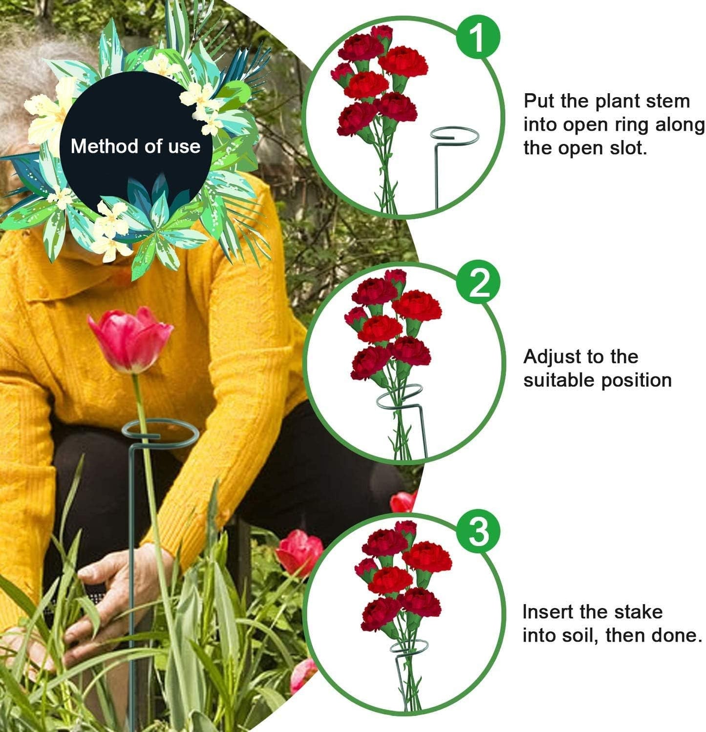HiGift 5 Pack Plant Support Stakes, Garden Single Stem Flower Support Stick Metal Amaryllis Plant Cage Support Rings with 10pcs Plant Clips for Orchid Lily Peony Rose Stem (40 cm/16 inch Long)