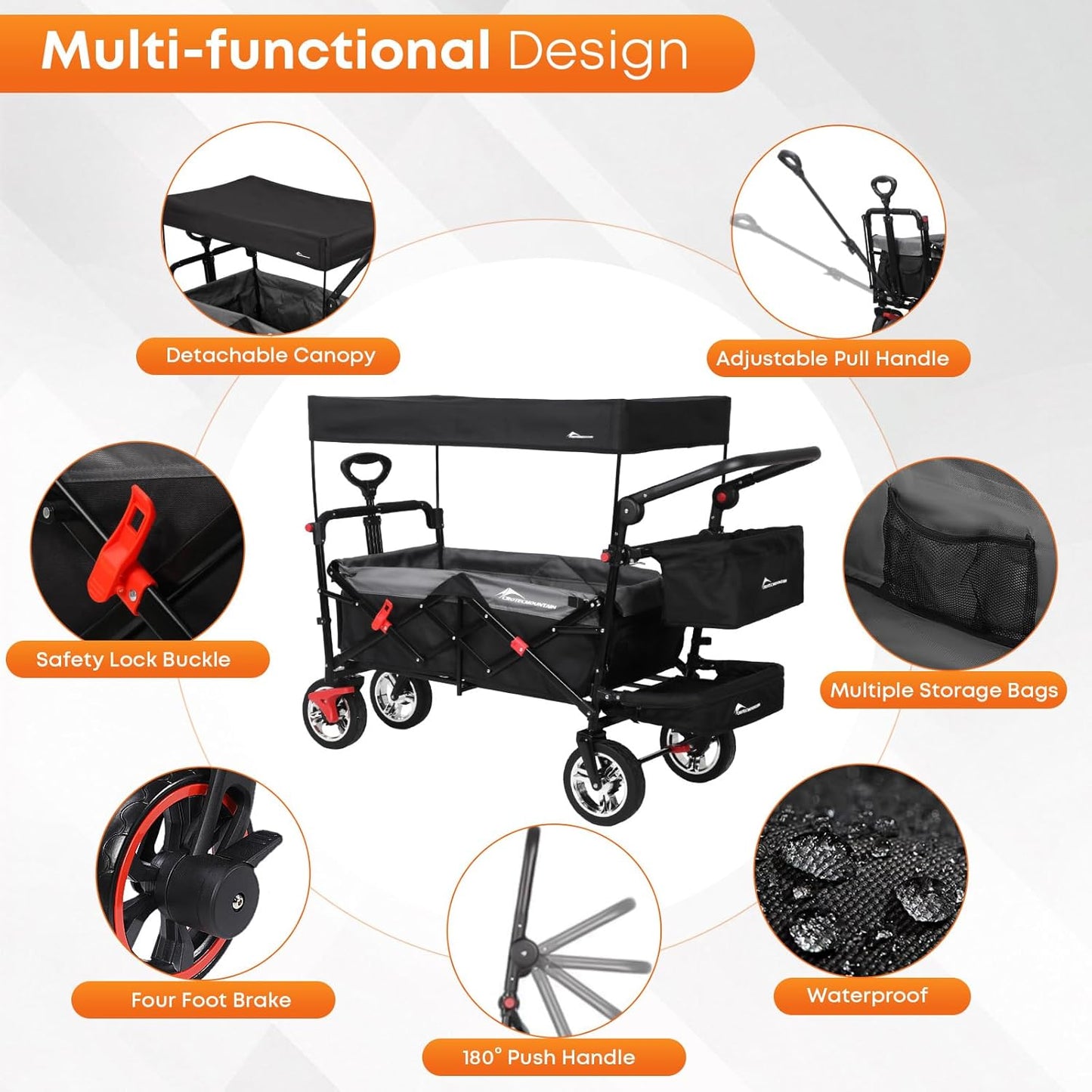 Wagon Cart with Removable Canopy,Collapsible Foldable Wagon, Heavy Duty Utility Outdoor Foldable Garden Cart with Wheels, Adjustable Handle, Outdoor Utility Wagon, Black