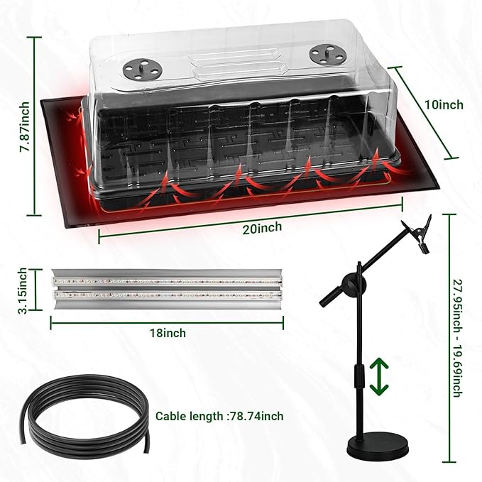 1020 Seed Starter Tray, Seed Starter Kit with Grow Lights and Heat Mat, Indoor Seedling Trays Kit, 5.9 inch High Humidity Dome, 96 LED Grow Lights for Seedling, Mini Greenhouse