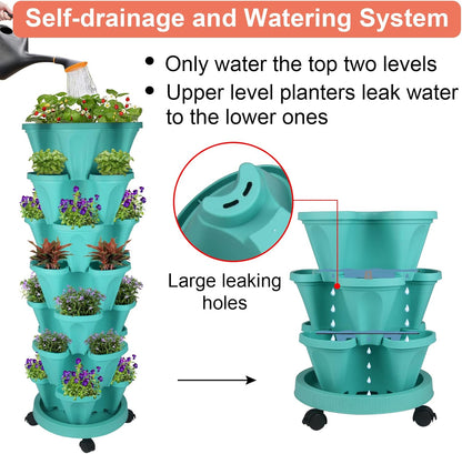 Vertical Planter 7 Tier Stackable Planters Garden Planters Strawberry Herb Flower and Vegetable Planter Indoor Outdoor Gardening Pots with Removable Wheels and Tools